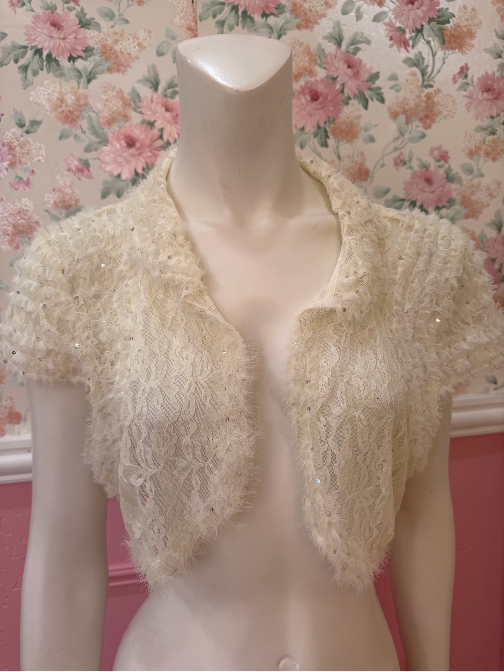 Vintage Ivory Lace & Sequin Short-Sleeve Bolero